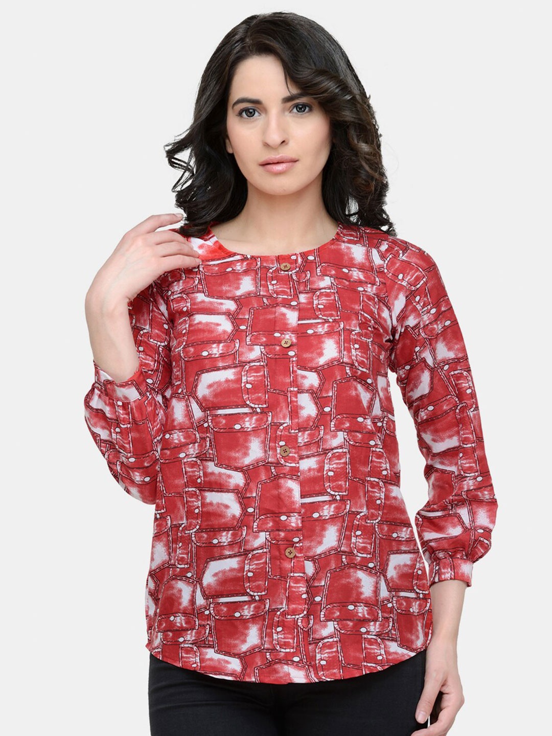 

Sayesha Red & White Floral Abstract Printed Shirt-Style Top