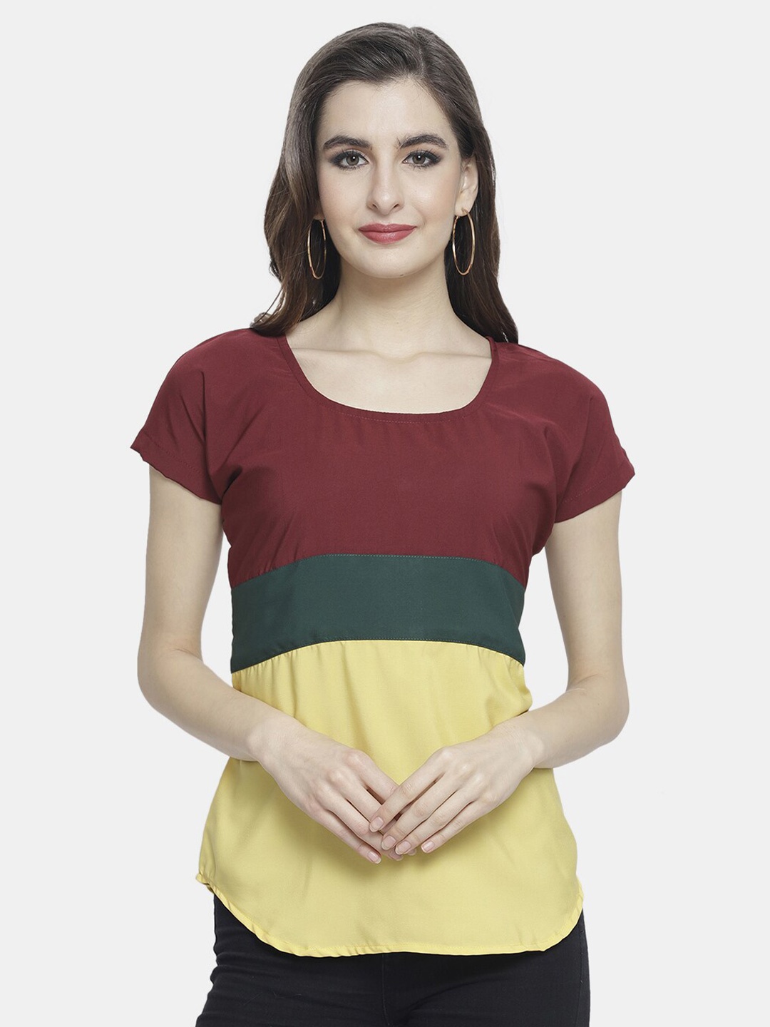 

Sayesha Yellow & Maroon Colourblocked Crepe Top