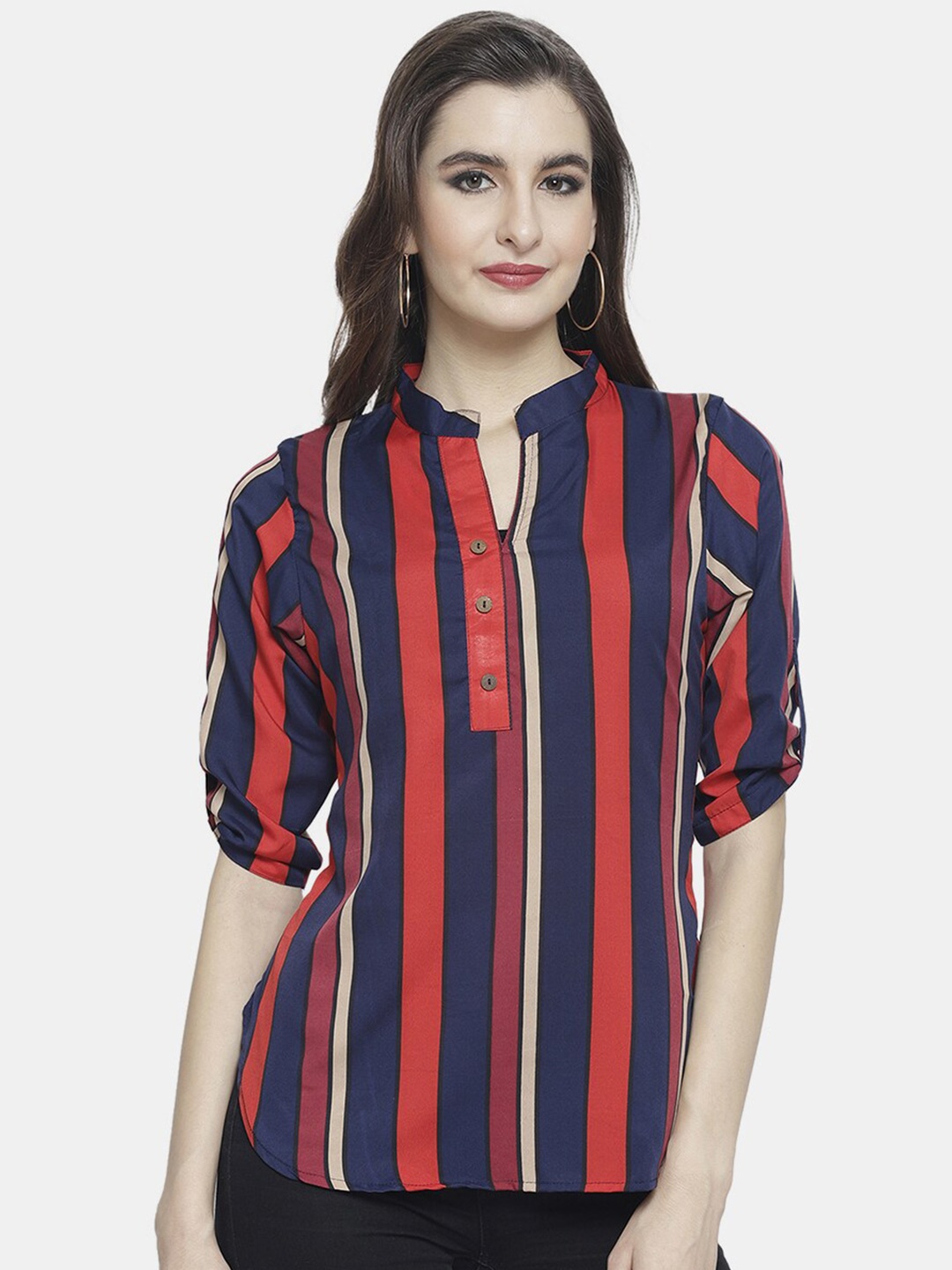 

Sayesha Red & Navy Blue Striped Mandarin Collar Roll-Up Sleeves Crepe Top