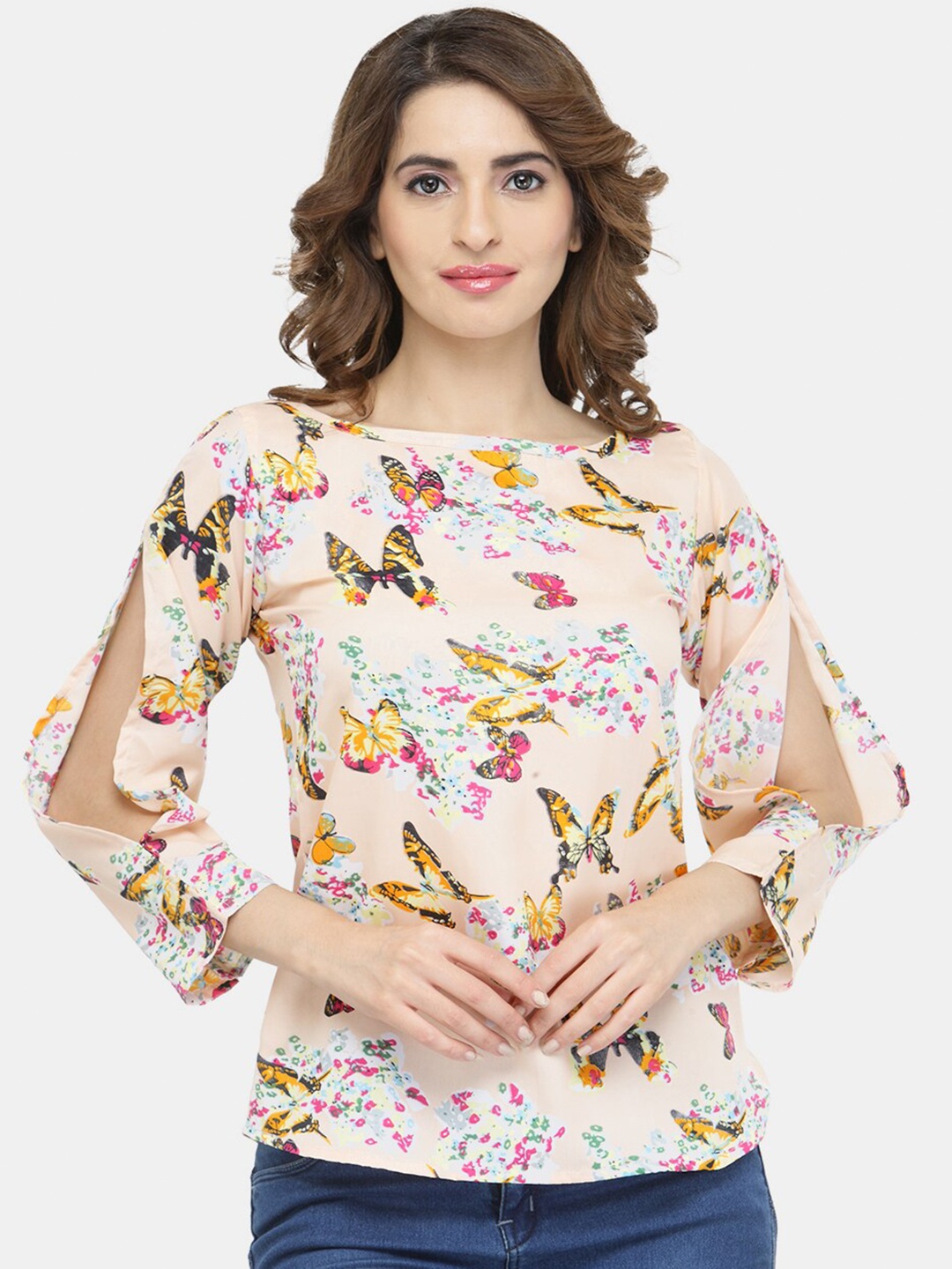 

Sayesha Beige Floral Print Crepe Top