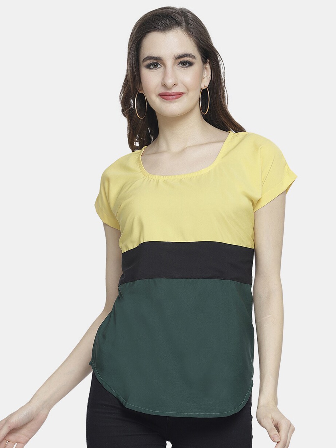 

Sayesha Green & Yellow Colourblocked Crepe Top