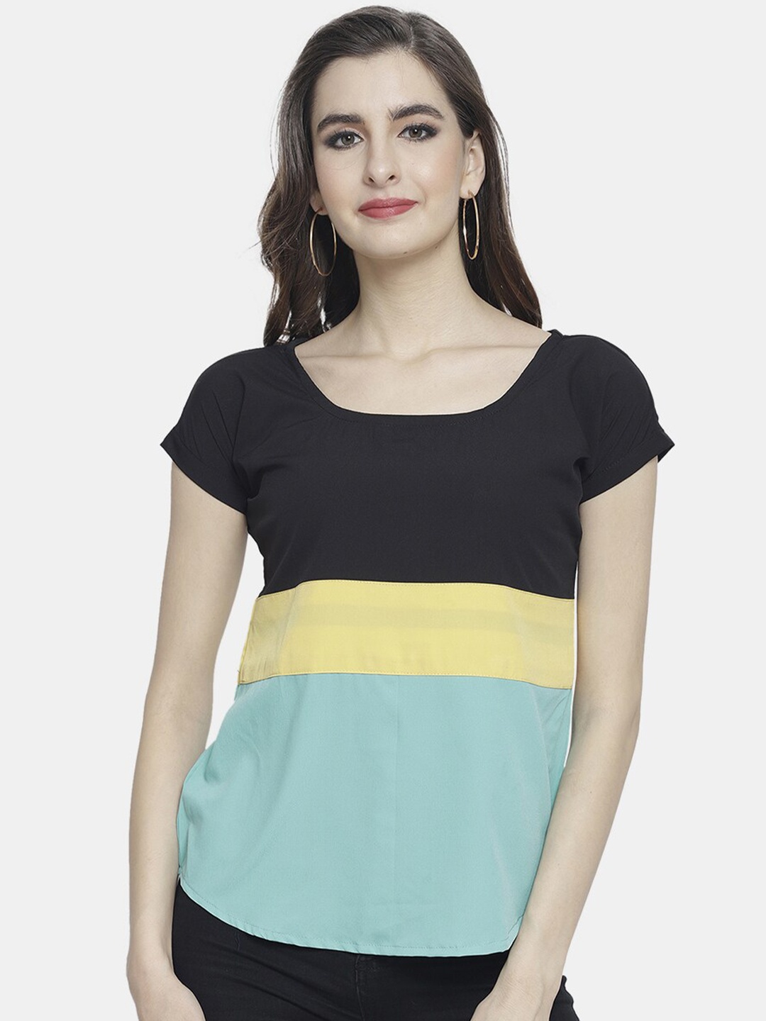 

Sayesha Blue & Black Colourblocked Crepe Top