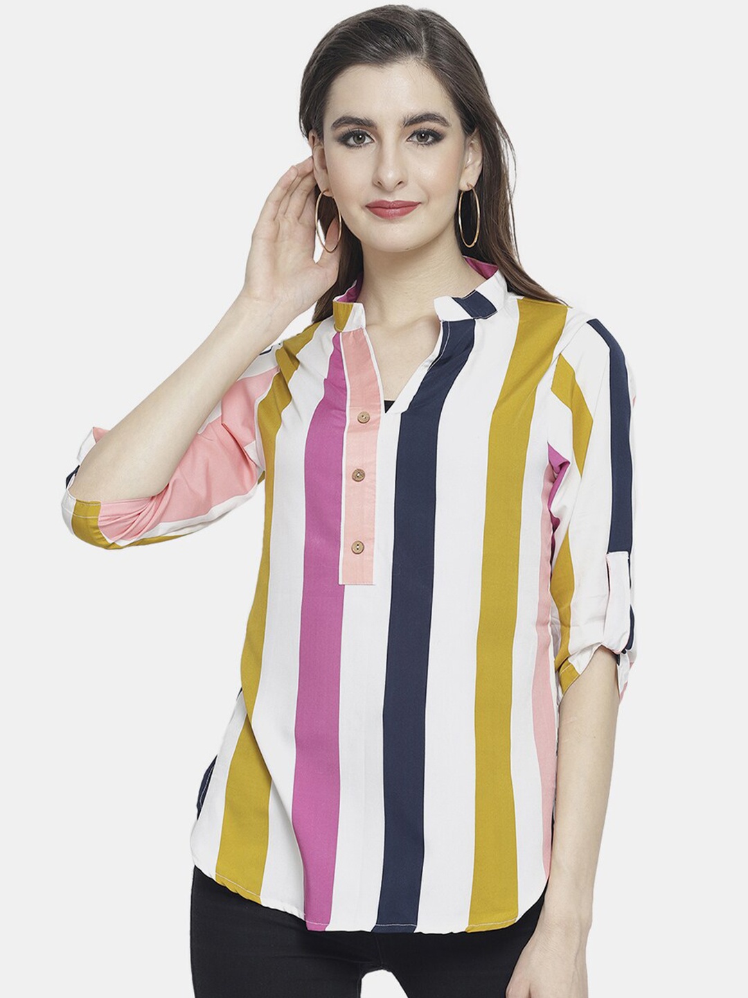 

Sayesha Multicoloured Vertical Striped Roll-Up Sleeves Shirt Style Top, Multi