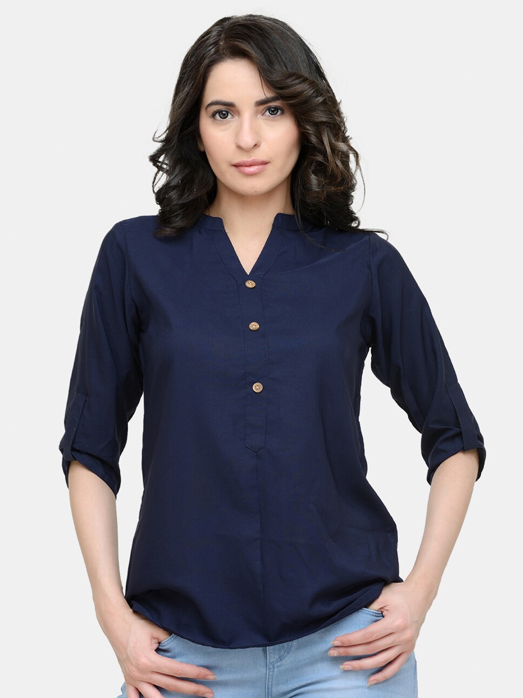 

Sayesha Blue Mandarin Collar Roll-Up Sleeves Crepe Top