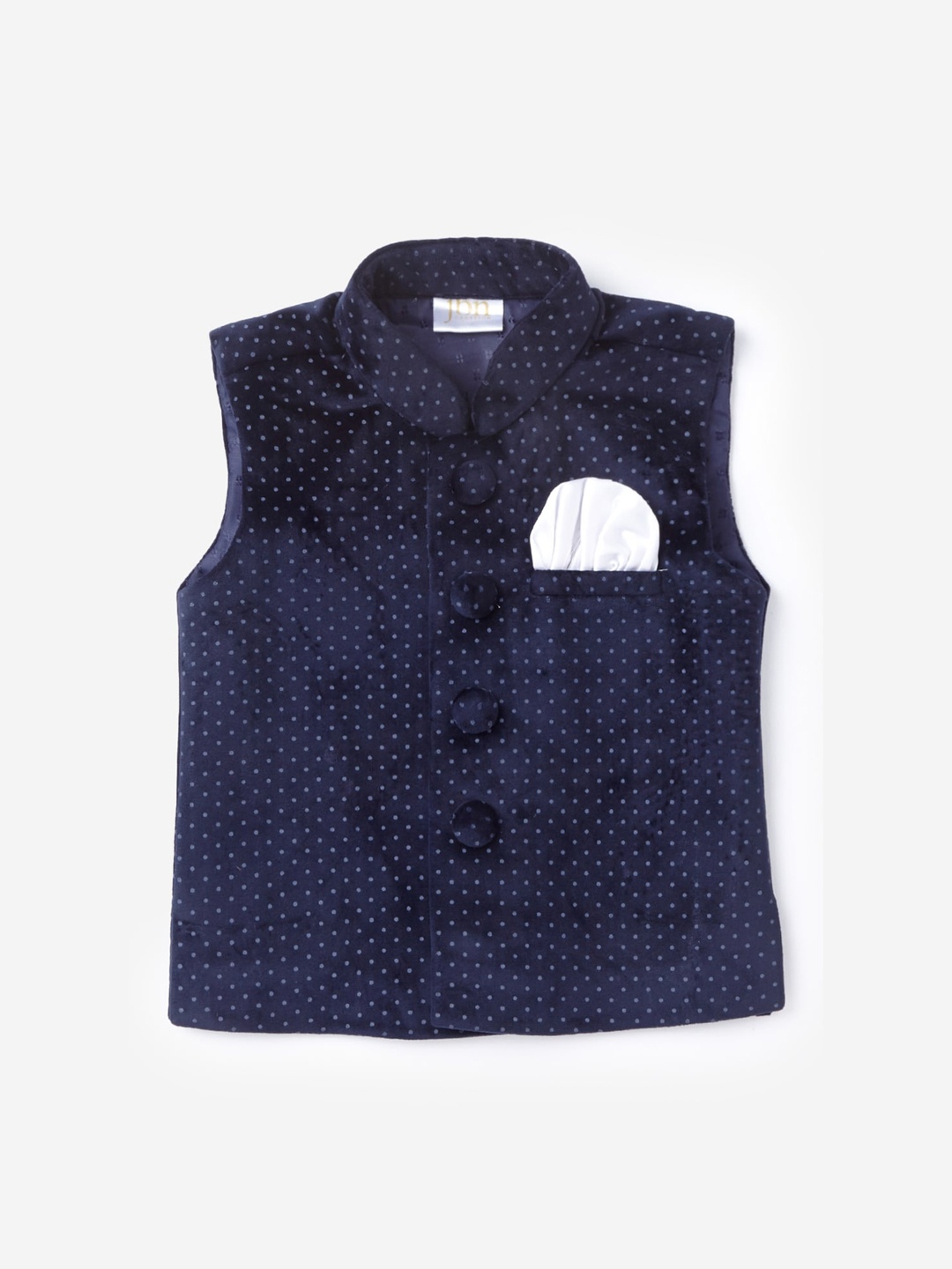 

Hopscotch Boys Navy Blue Polka Dots Printed Velvet Nehru Jacket