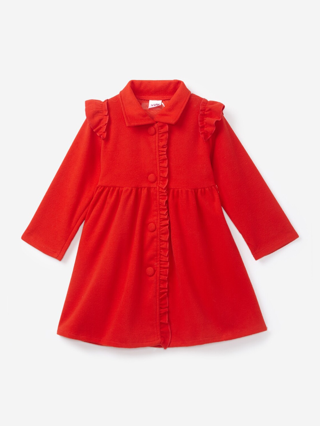 

Hopscotch Girls Red Solid Pure Cotton Longline Over Coat