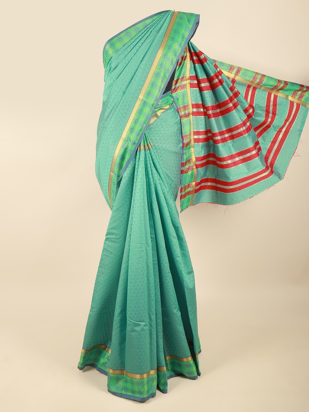 

Pothys Women Green & Gold-Toned Woven Design Zari Art Silk Saree