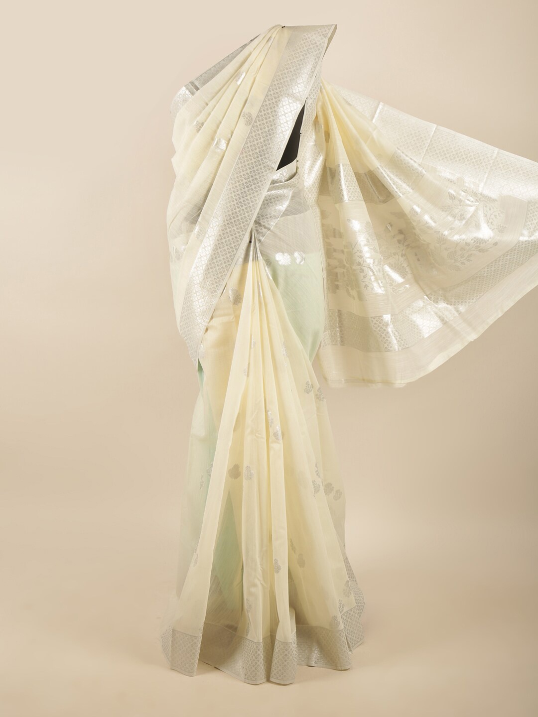 

Pothys Women Cream-Coloured & Silver-Toned Floral Zari Art Silk Saree