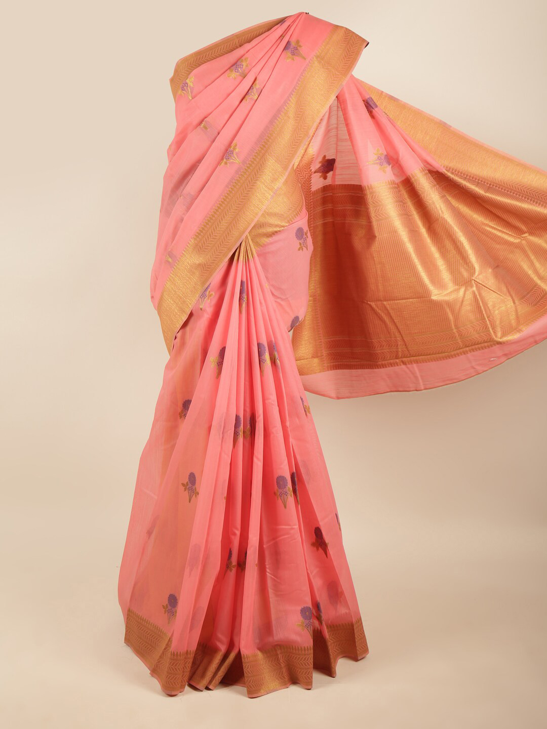 

Pothys Women Coral & Gold-Toned Ethnic Motifs Zari Art Silk Saree