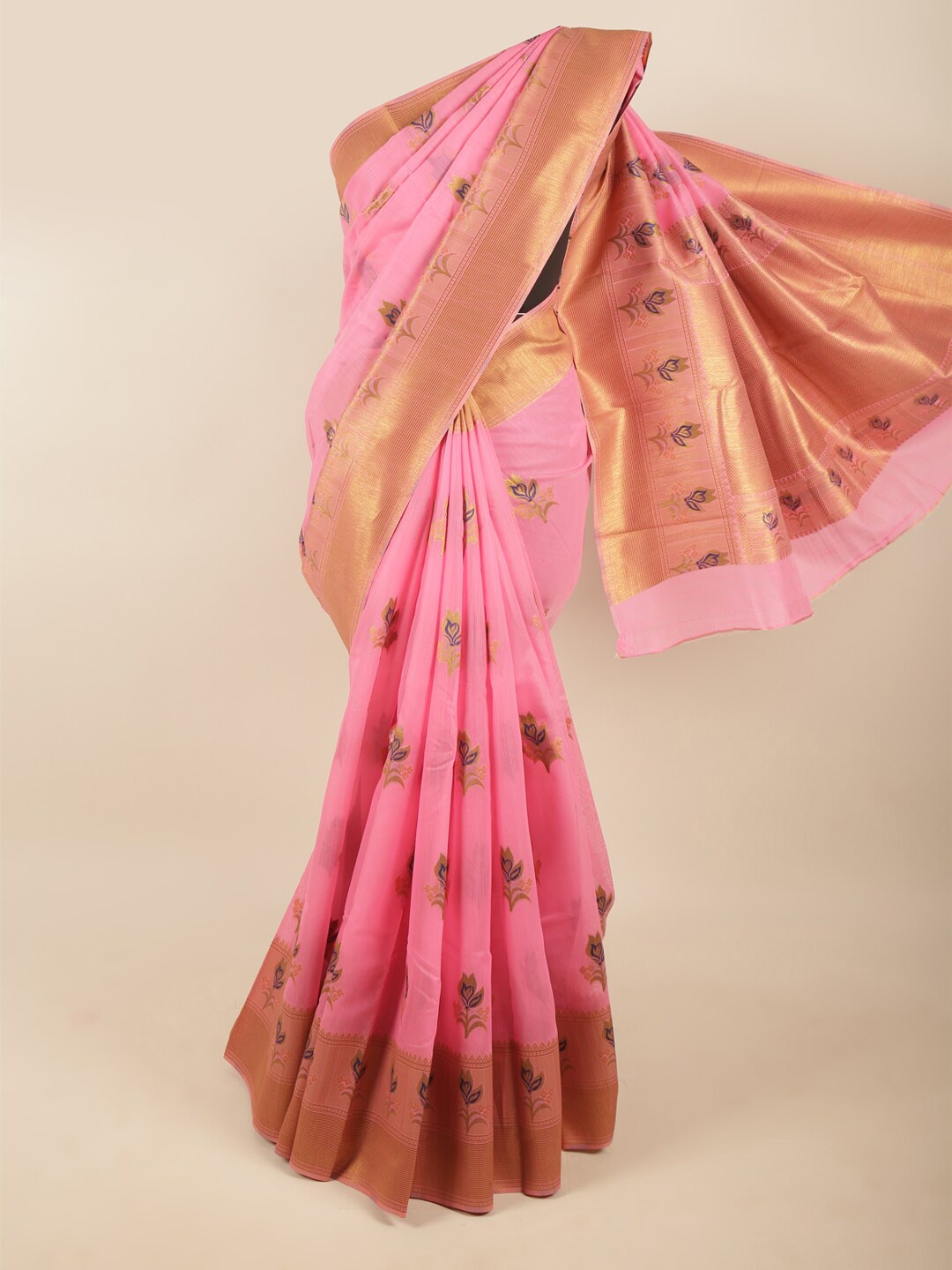 

Pothys Women Pink & Blue Woven Design Zari Art Silk Saree