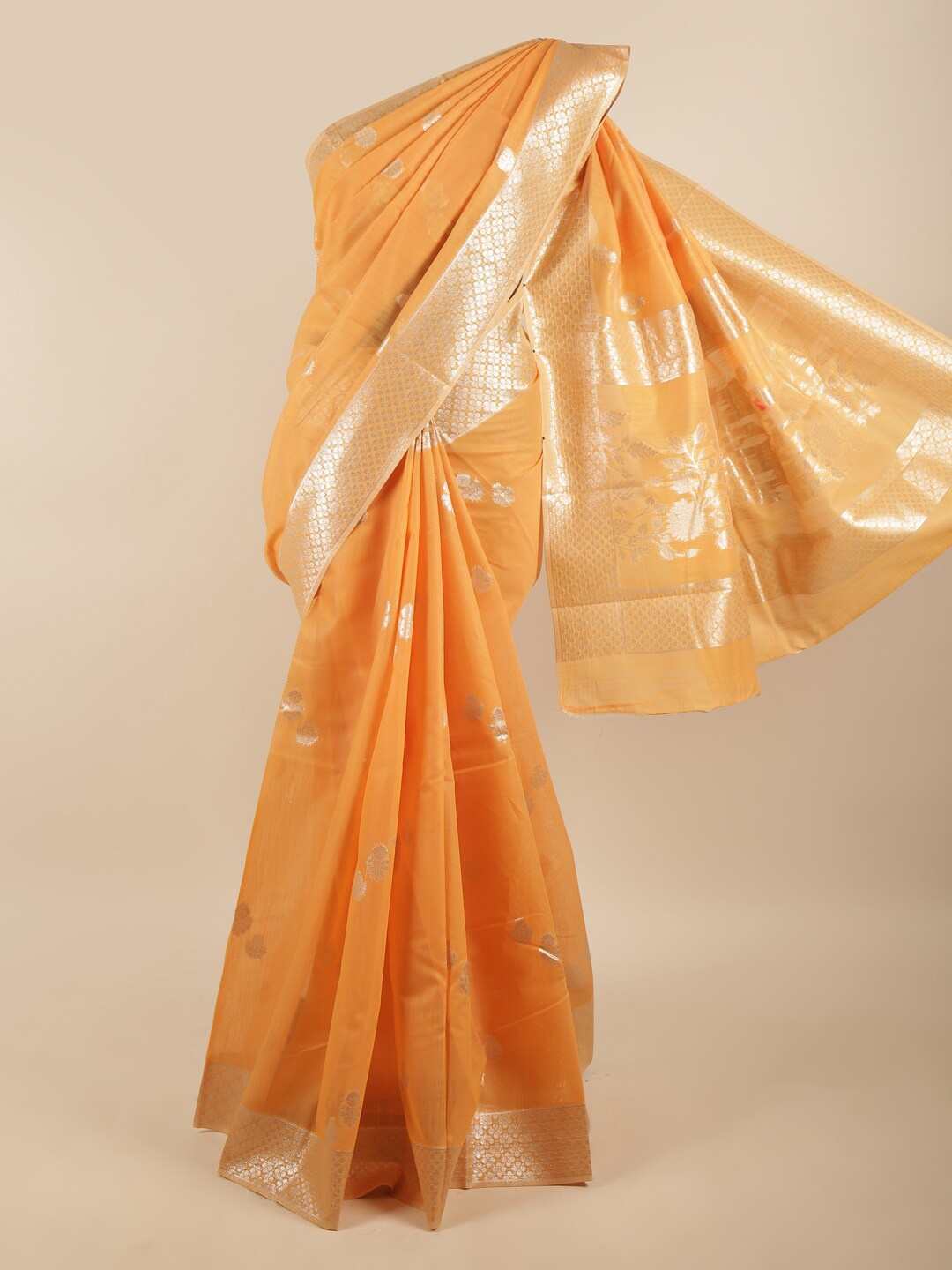

Pothys Women Orange & Silver-Toned Woven Design Zari Art Silk Saree