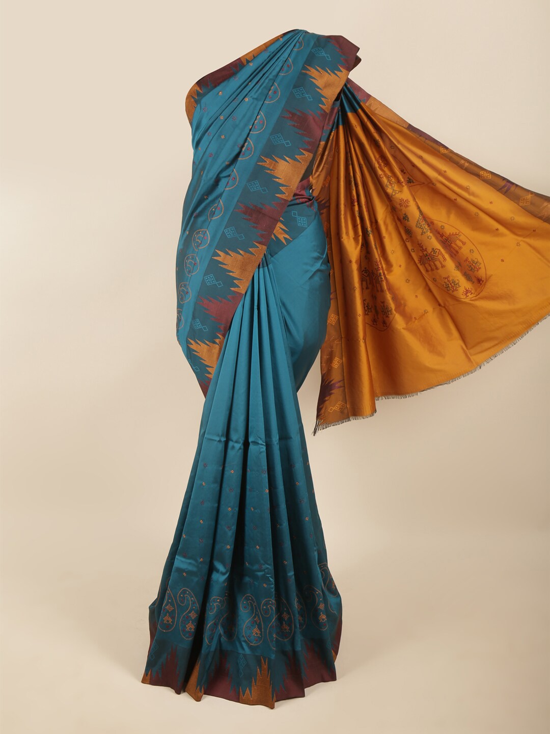 

Pothys Women Blue & Maroon Woven Design Art Silk Saree