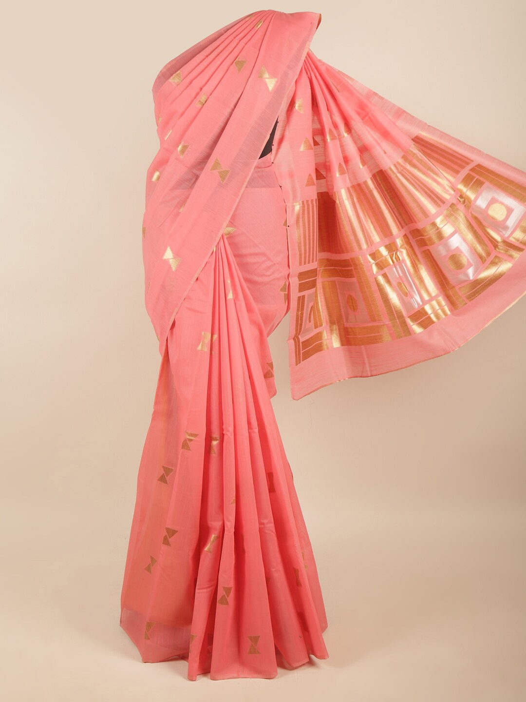 

Pothys Women Coral & Gold-Toned Woven Design Zari Art Silk Saree