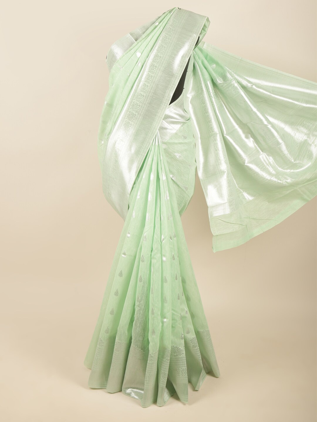 

Pothys Women Green & Silver-Toned Woven Design Zari Art Silk Saree