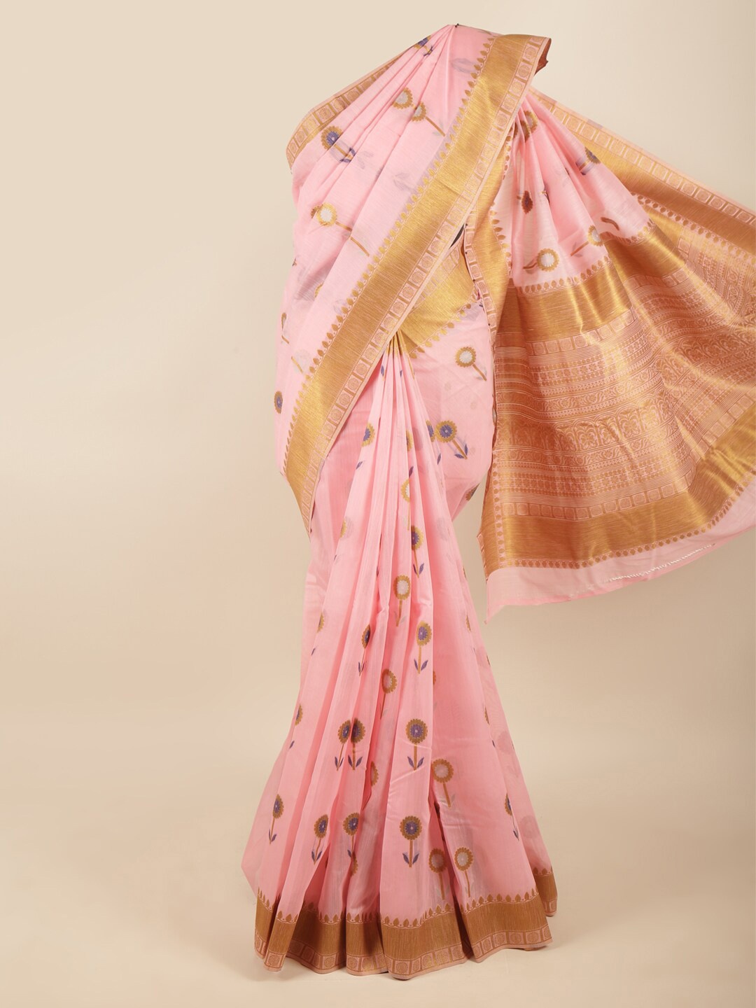 

Pothys Women Pink & Gold-Toned Woven Design Zari Art Silk Saree