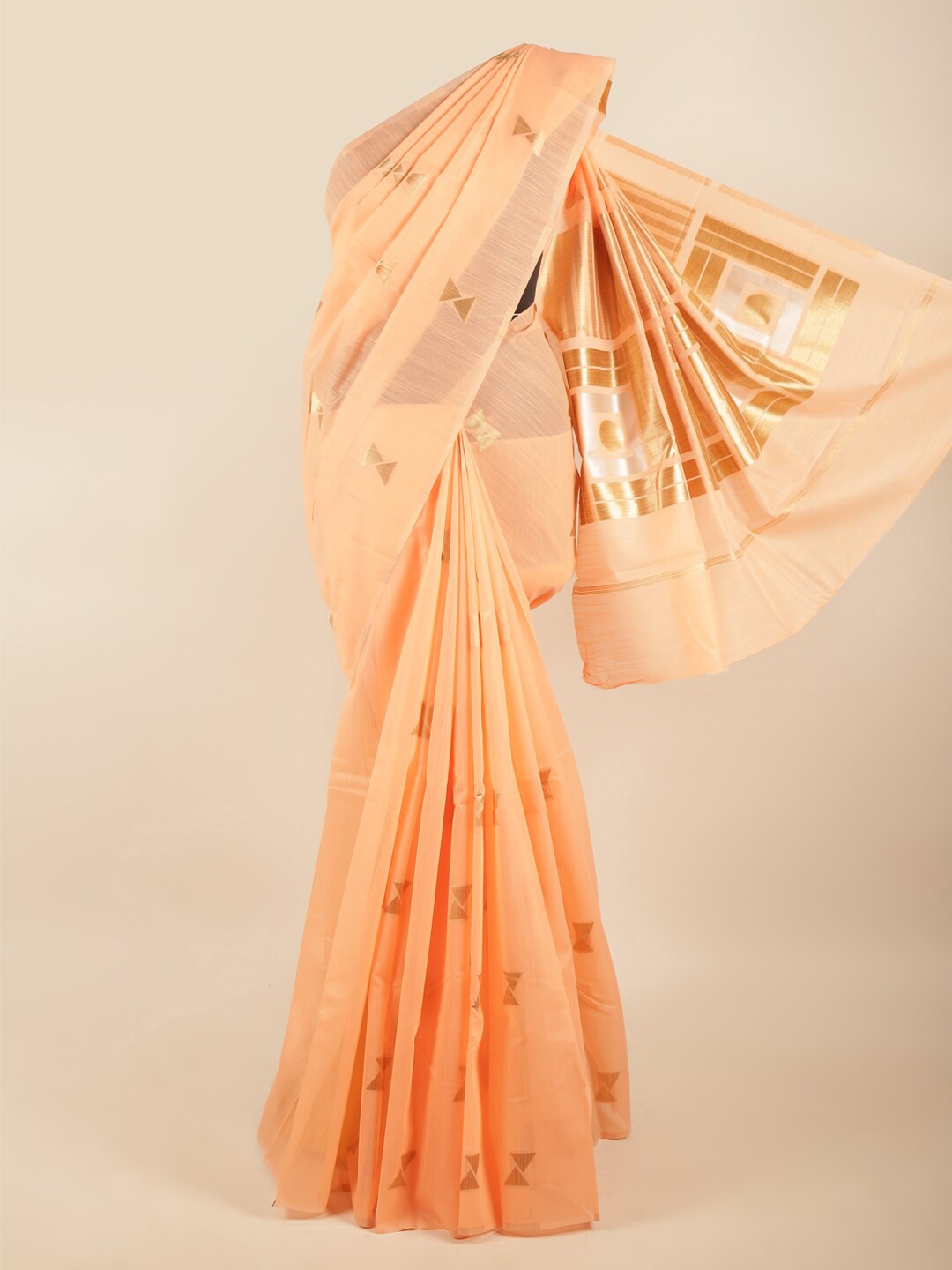 

Pothys Peach & Gold Coloured Woven Design Art Silk Saree