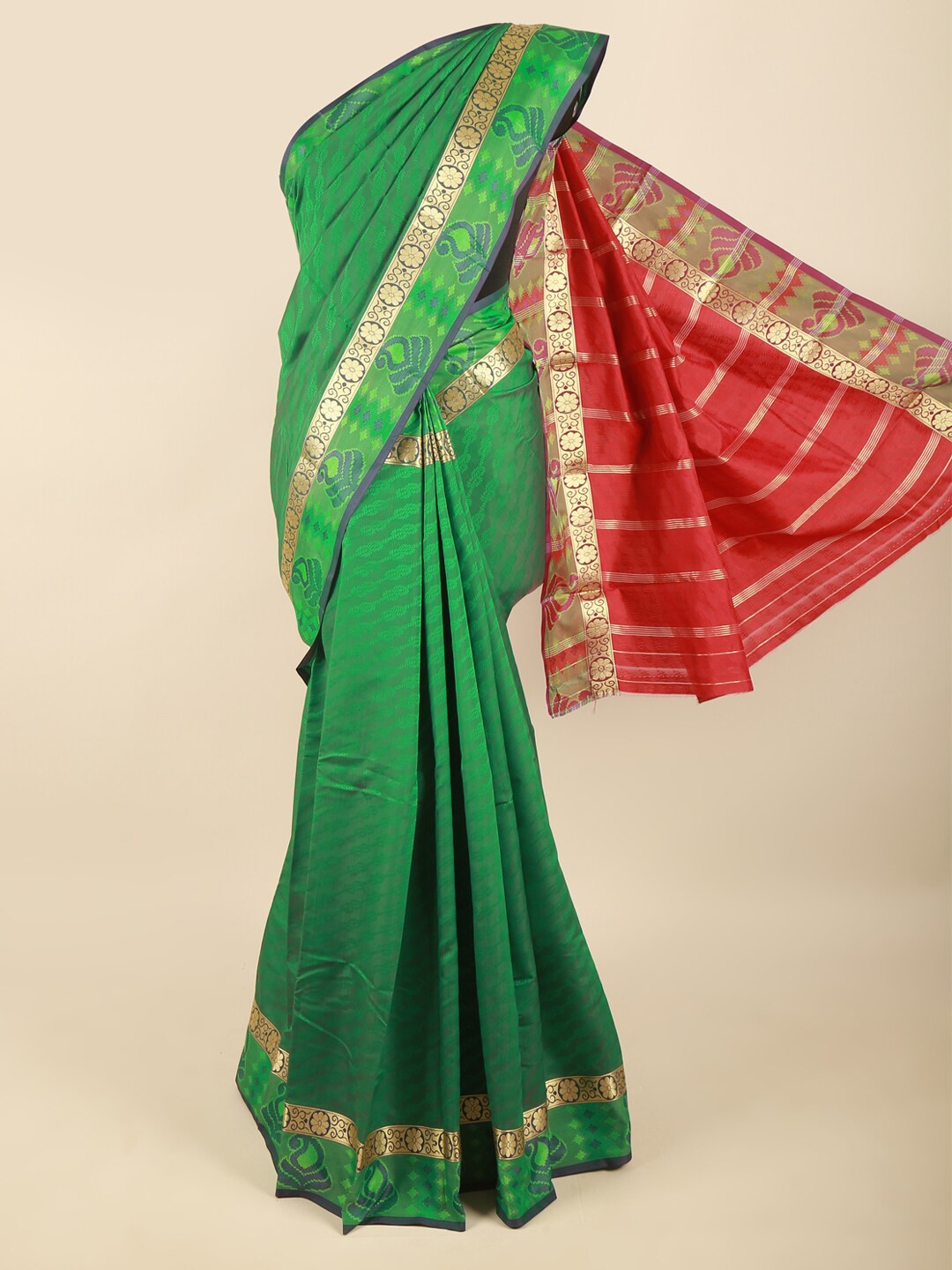 

Pothys Green & Red Woven Design Printed Ark Silk Zari Saree