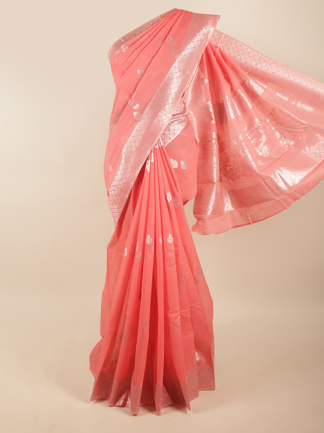 

Pothys Coral & Silver-Toned Ethnic Motifs Zari Art Silk Saree