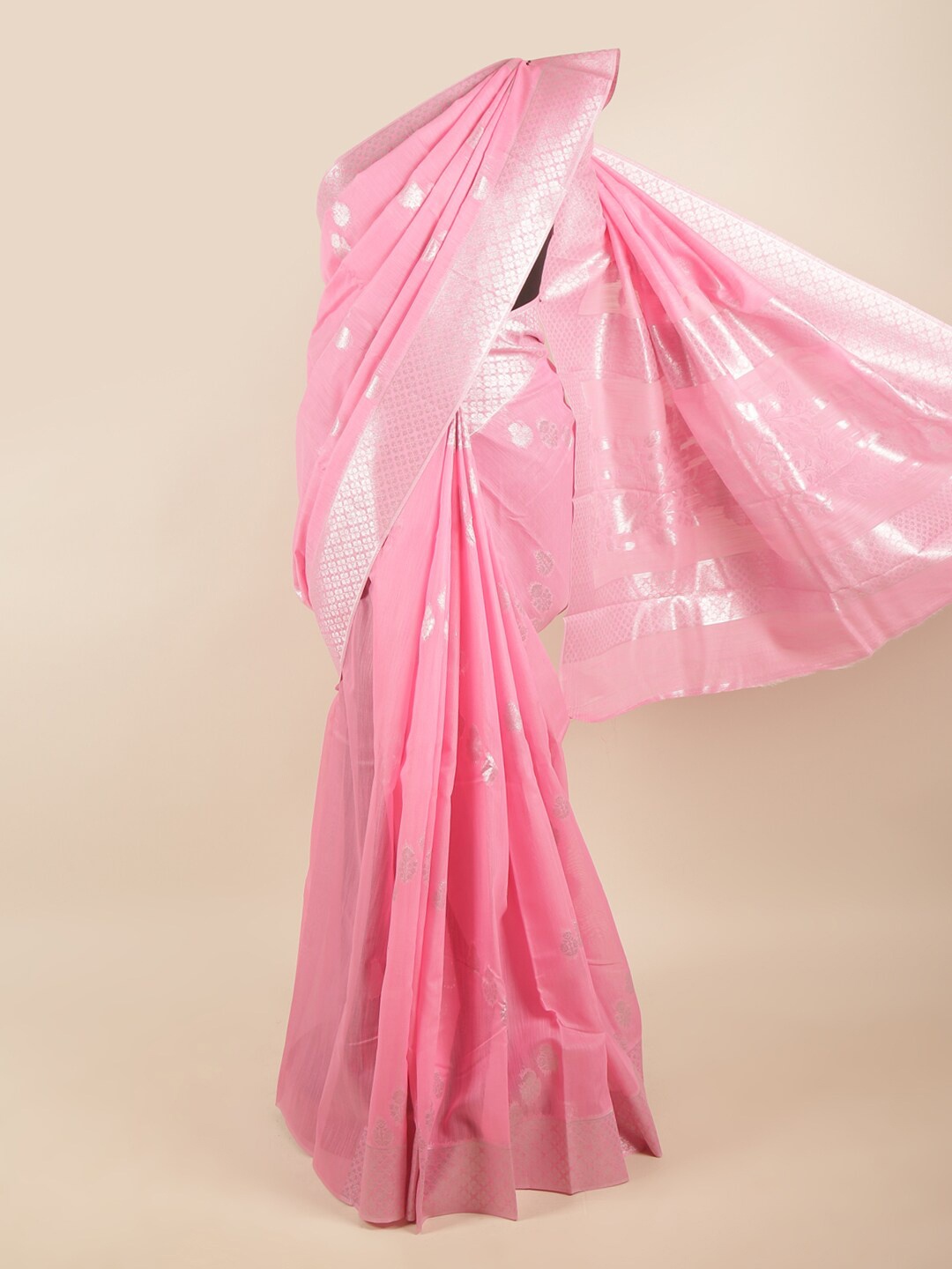 

Pothys Pink & Silver Ethnic Motifs Woven Design Art Silk Saree