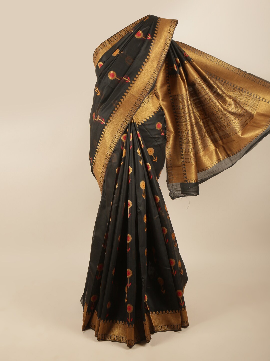 

Pothys Black & Gold-Toned Floral Zari Art Silk Saree