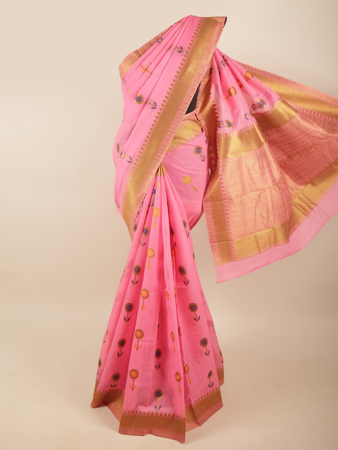 

Pothys Pink & Gold-Toned Floral Woven Design Zari Art Silk Saree