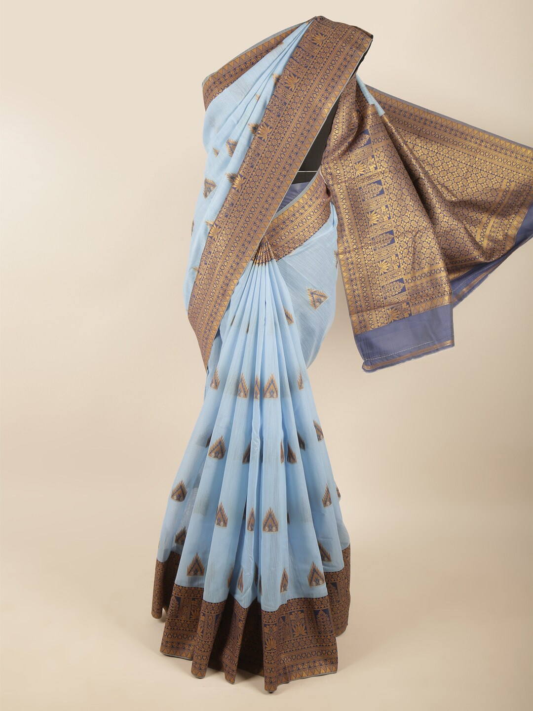 

Pothys Blue & Gold-Toned Ethnic Motifs Woven Art Silk Saree