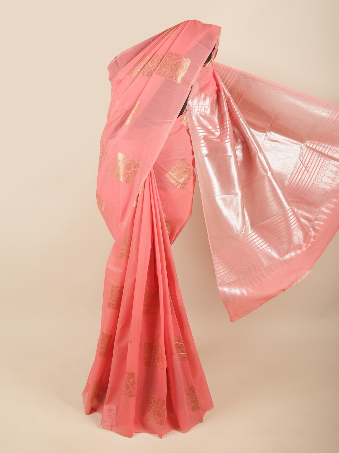 Pothys Coral & Gold-Toned Woven Design Zari Art Silk Saree