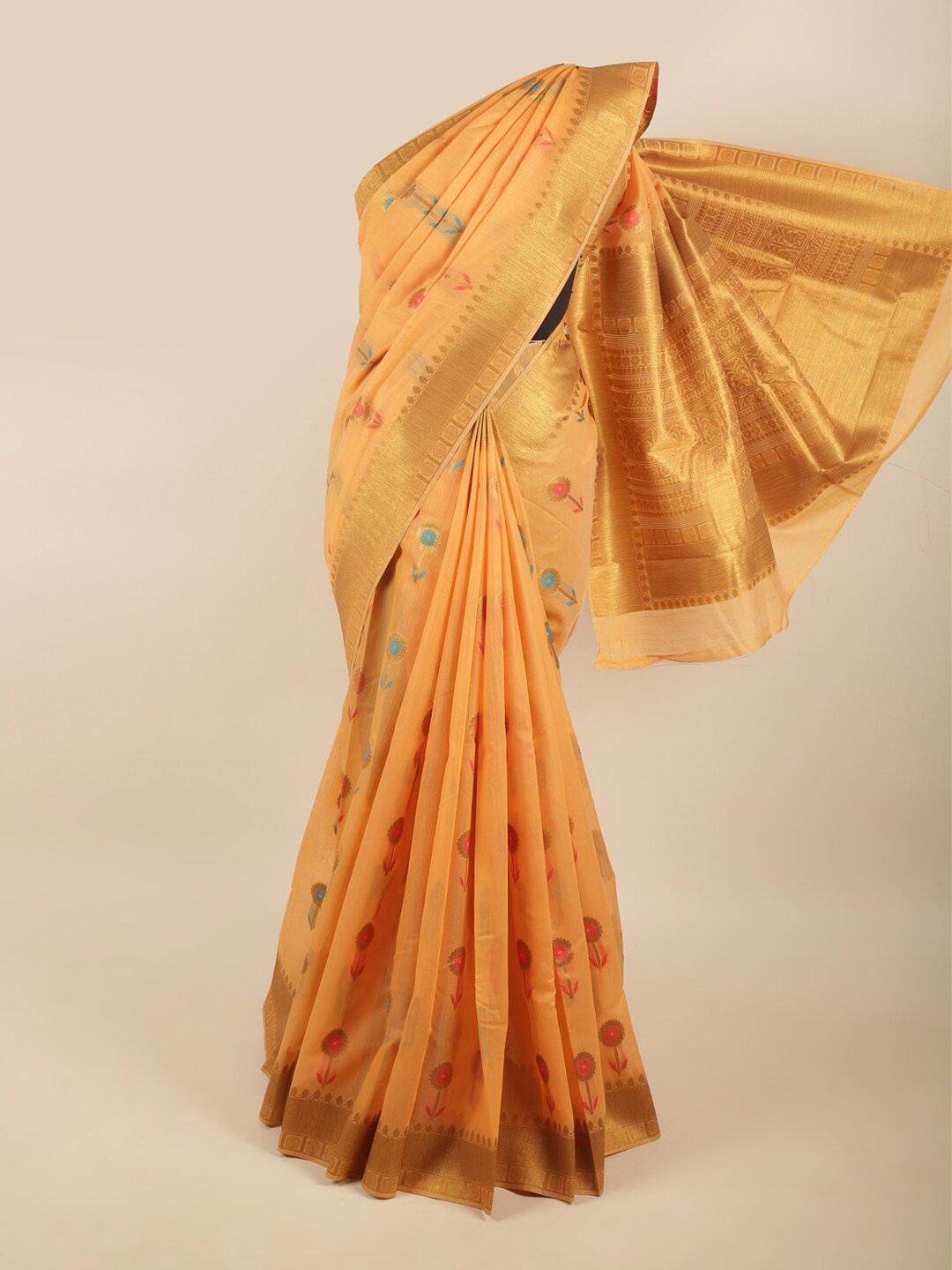 

Pothys Orange & Gold Floral Woven Design Art Silk Saree