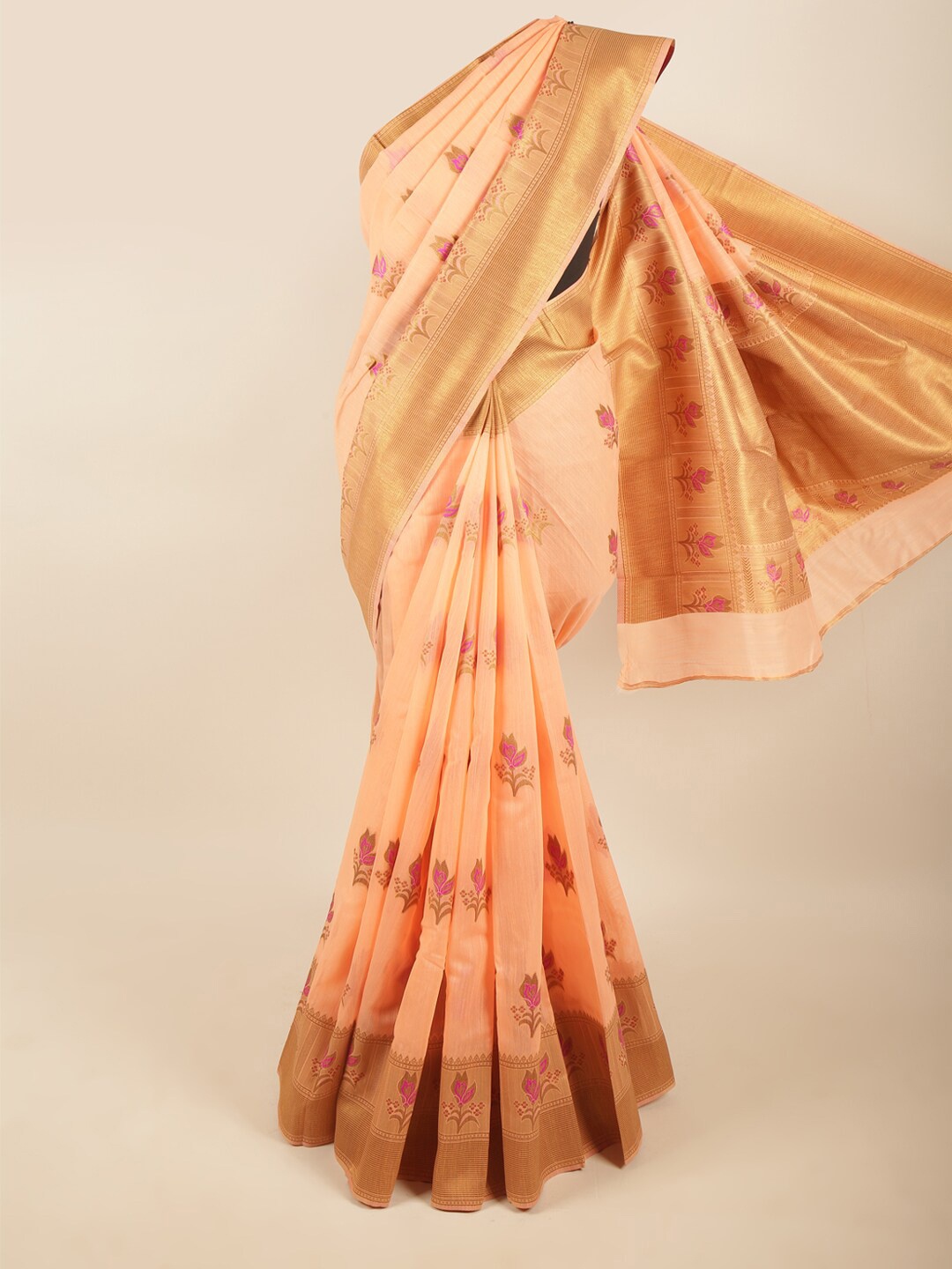 

Pothys Peach & Gold Coloured Ethnic Motifs Woven Design Art Silk Saree