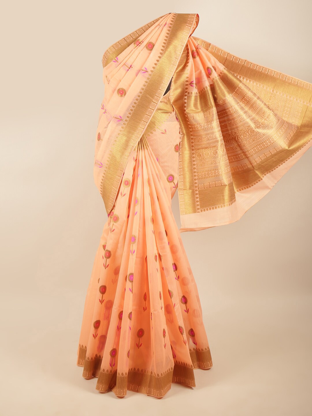 

Pothys Peach-Coloured & Gold-Toned Floral Zari Art Silk Saree