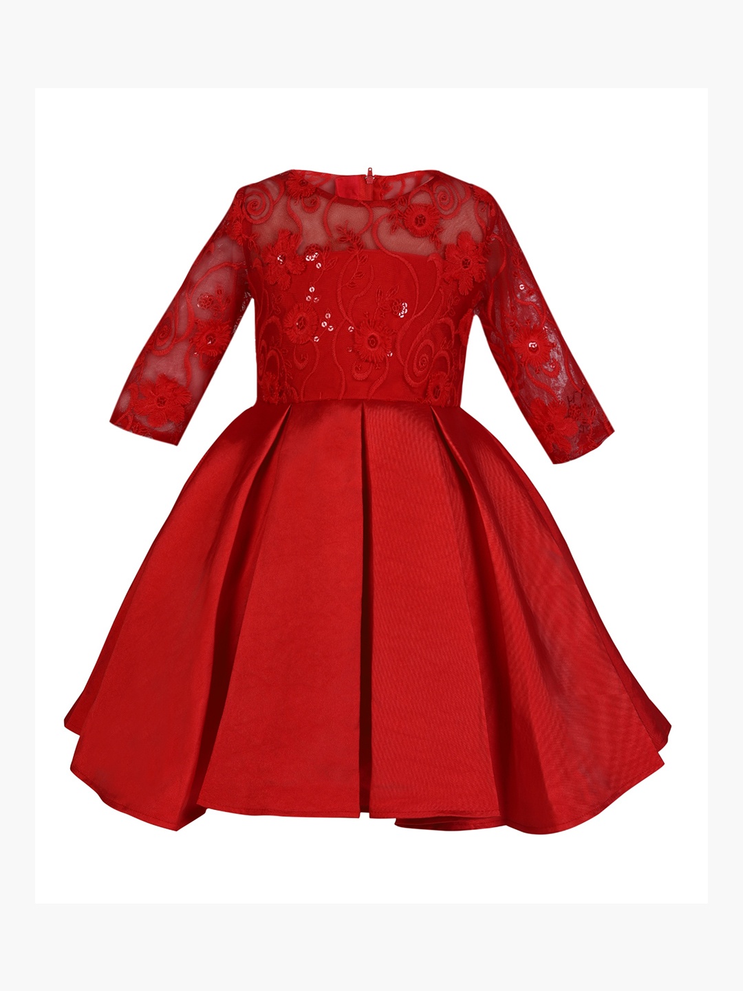 

Hopscotch Red Floral Embroidered Fit & Flare Dress