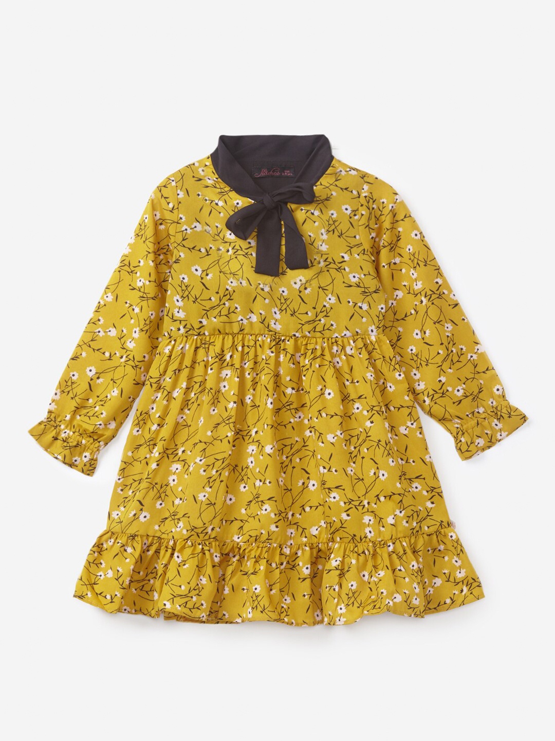 

Hopscotch Yellow Floral Tie-Up Neck Chiffon A-Line Dress