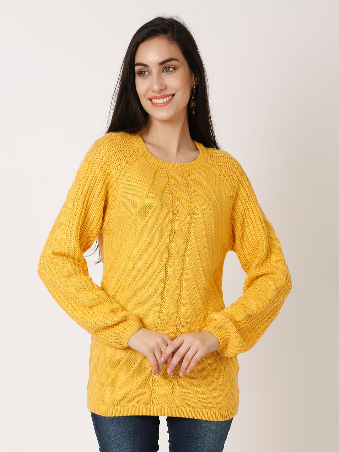 

NoBarr Women Acrylic Yellow Cable Knit Pullover