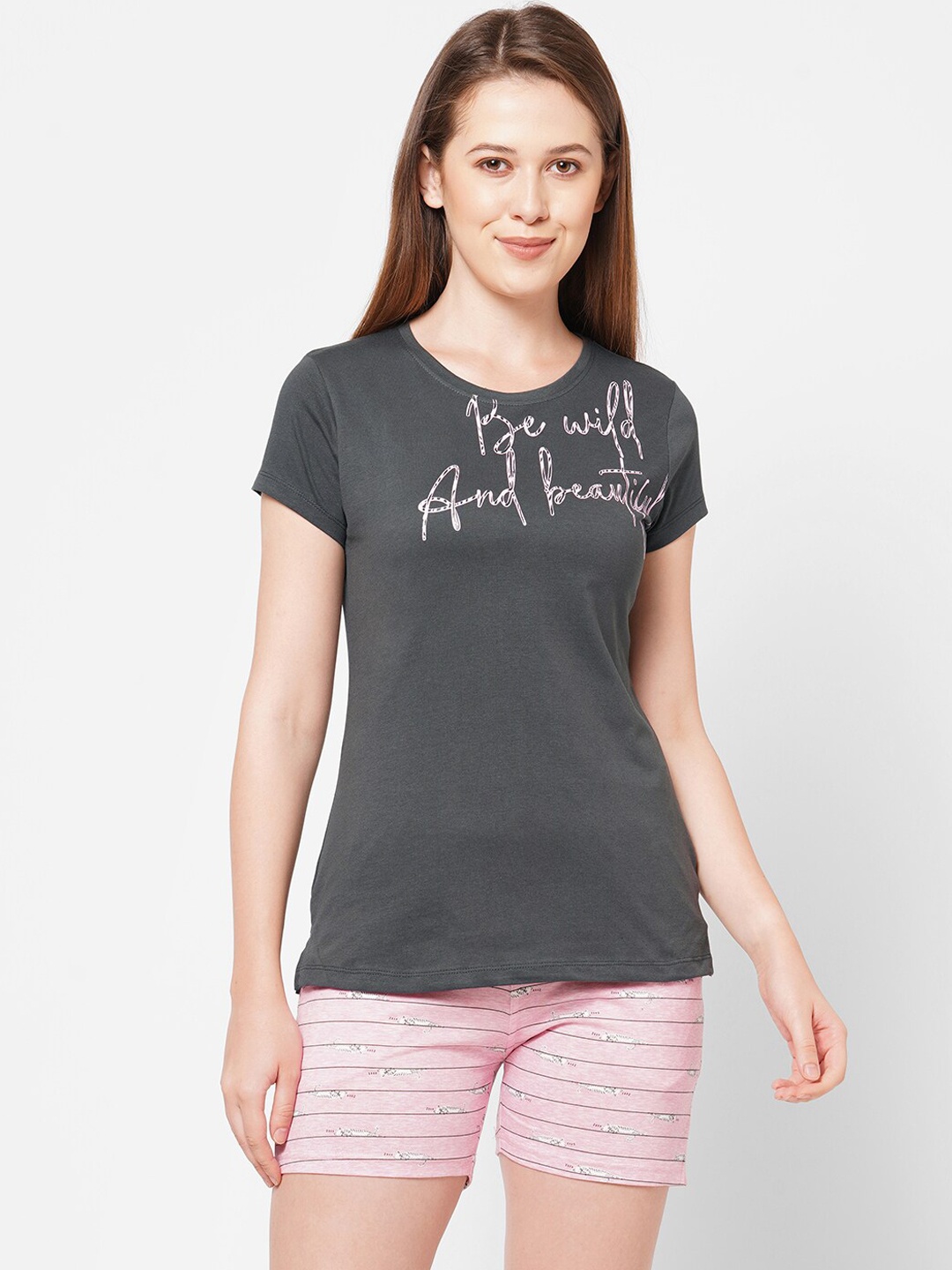 

Sweet Dreams Women Grey & Pink Printed Night suit