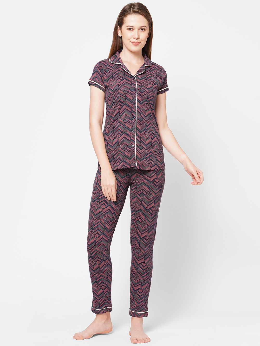 

Sweet Dreams Women Pink & Navy Blue Printed Night Suit