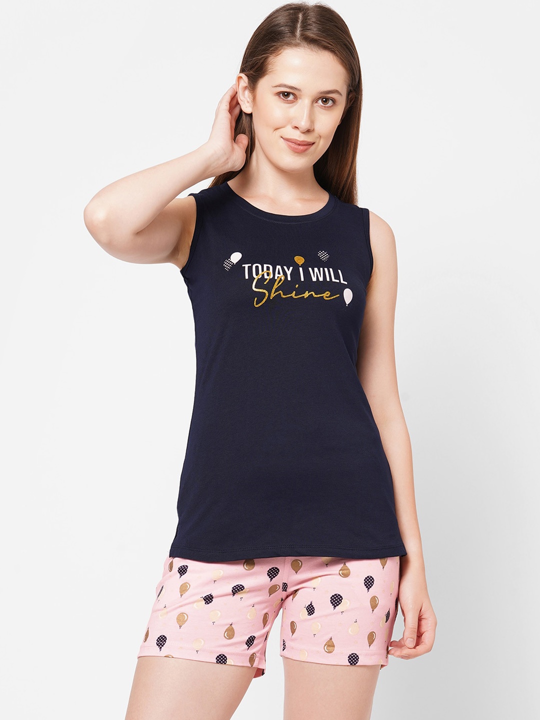 

Sweet Dreams Women Navy Blue & Pink Printed Night Suits