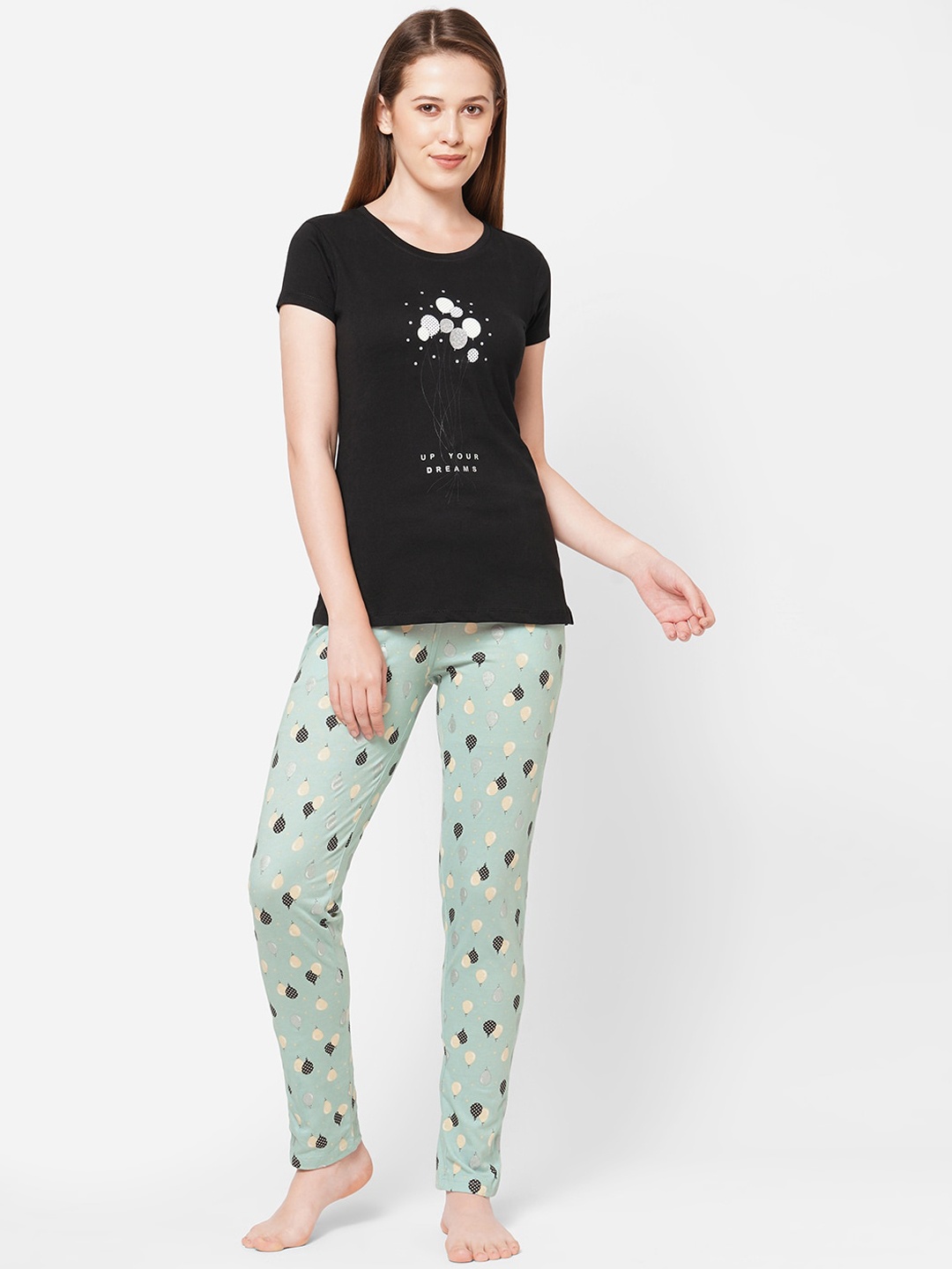

Sweet Dreams Women Black & Green Printed Night Suit