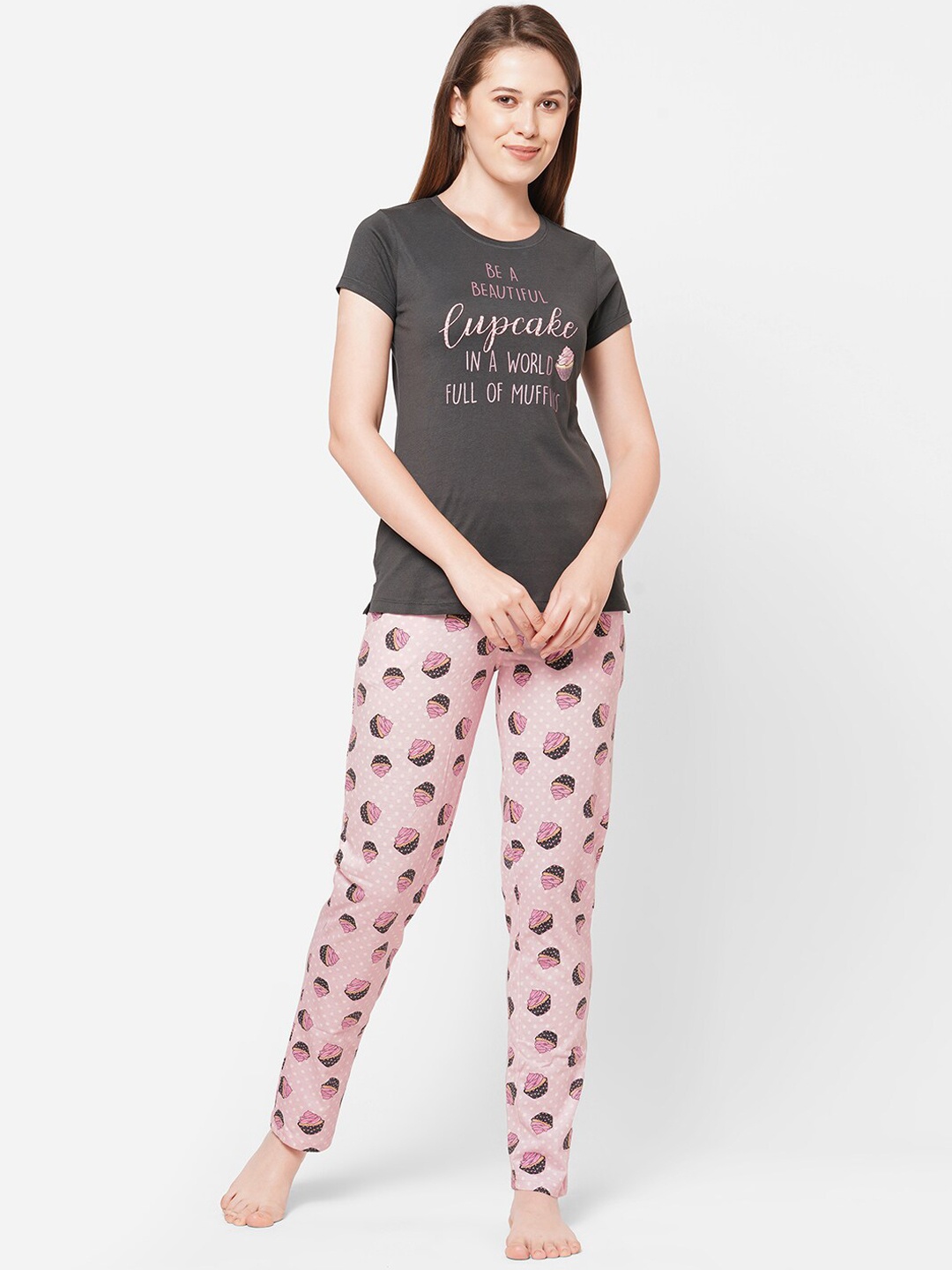 

Sweet Dreams Women Grey & Pink Printed Night suit