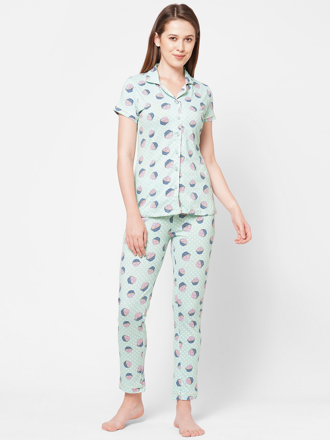 

Sweet Dreams Women Green & Pink Printed Night suit