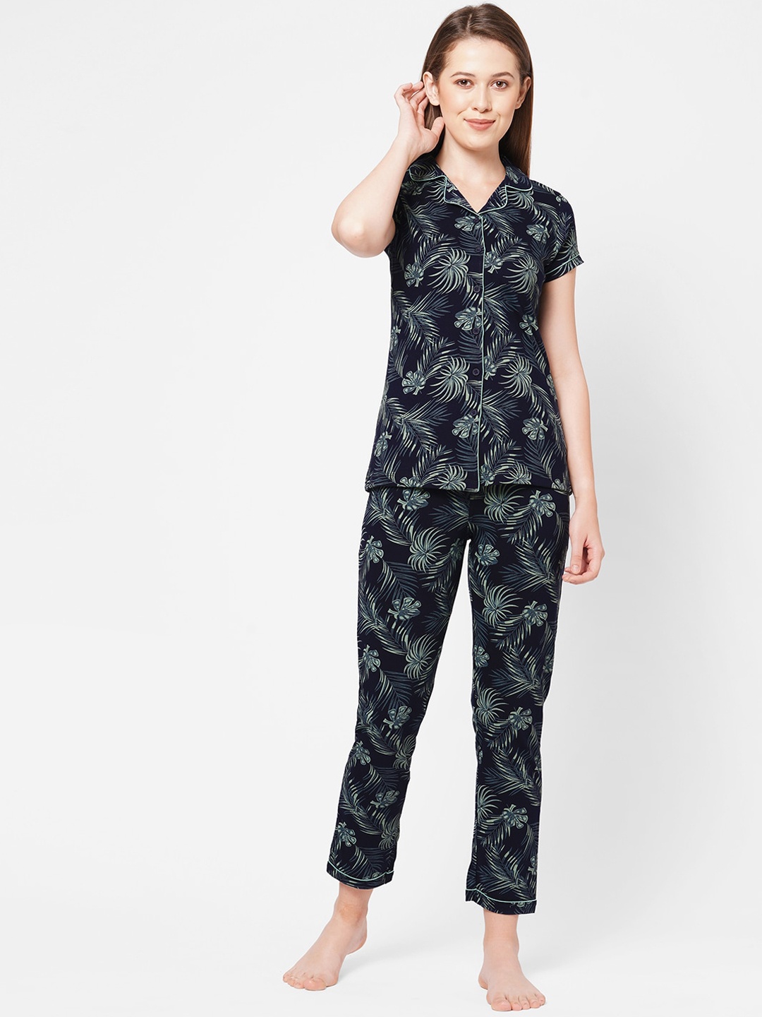 

Sweet Dreams Women Navy Blue Floral Printed T-Shirt with Pyjama Set