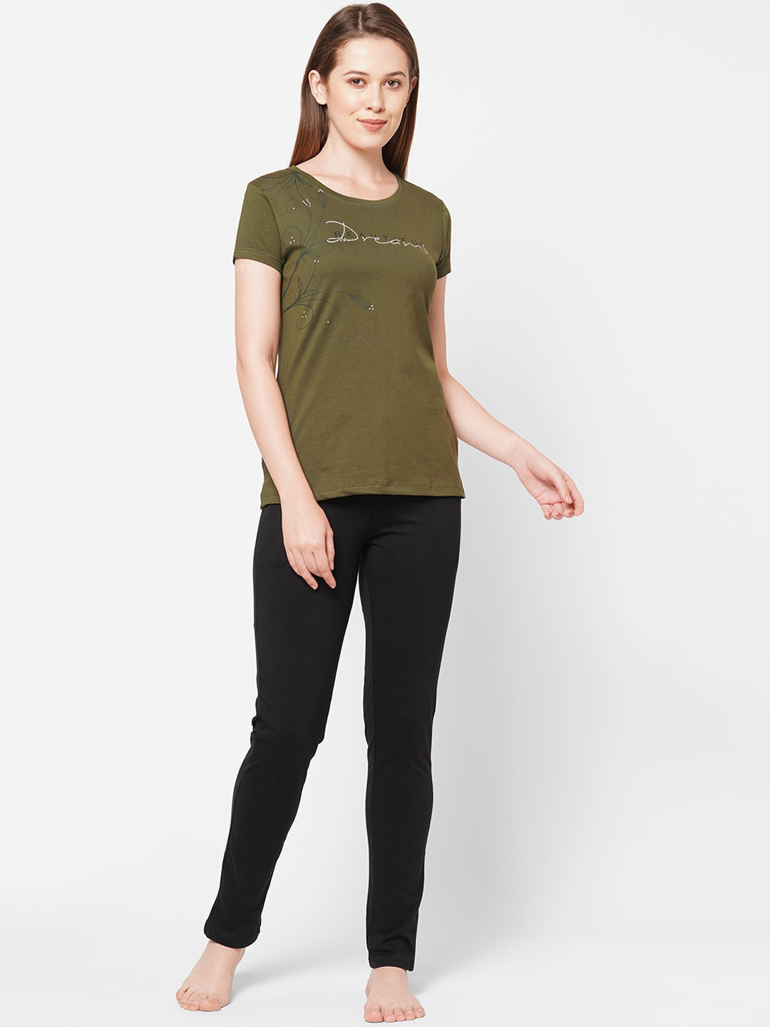 

Sweet Dreams Women Olive Green & Black Printed Night Suit