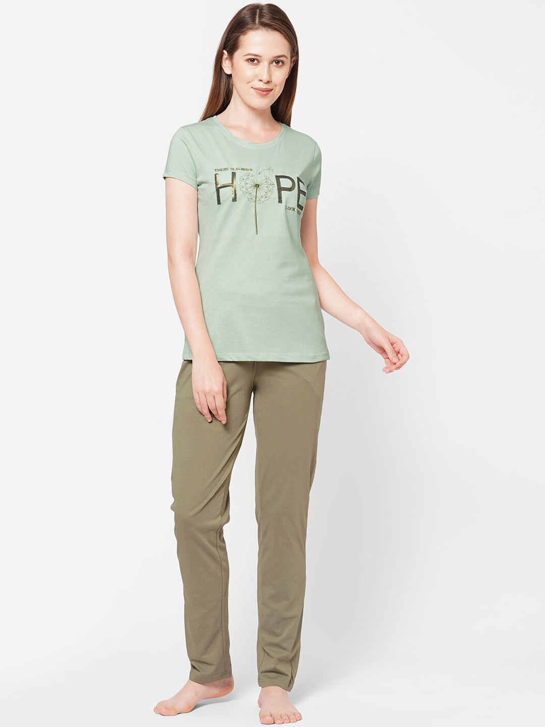 

Sweet Dreams Women Green Printed T-Shirt with Pyjama Set