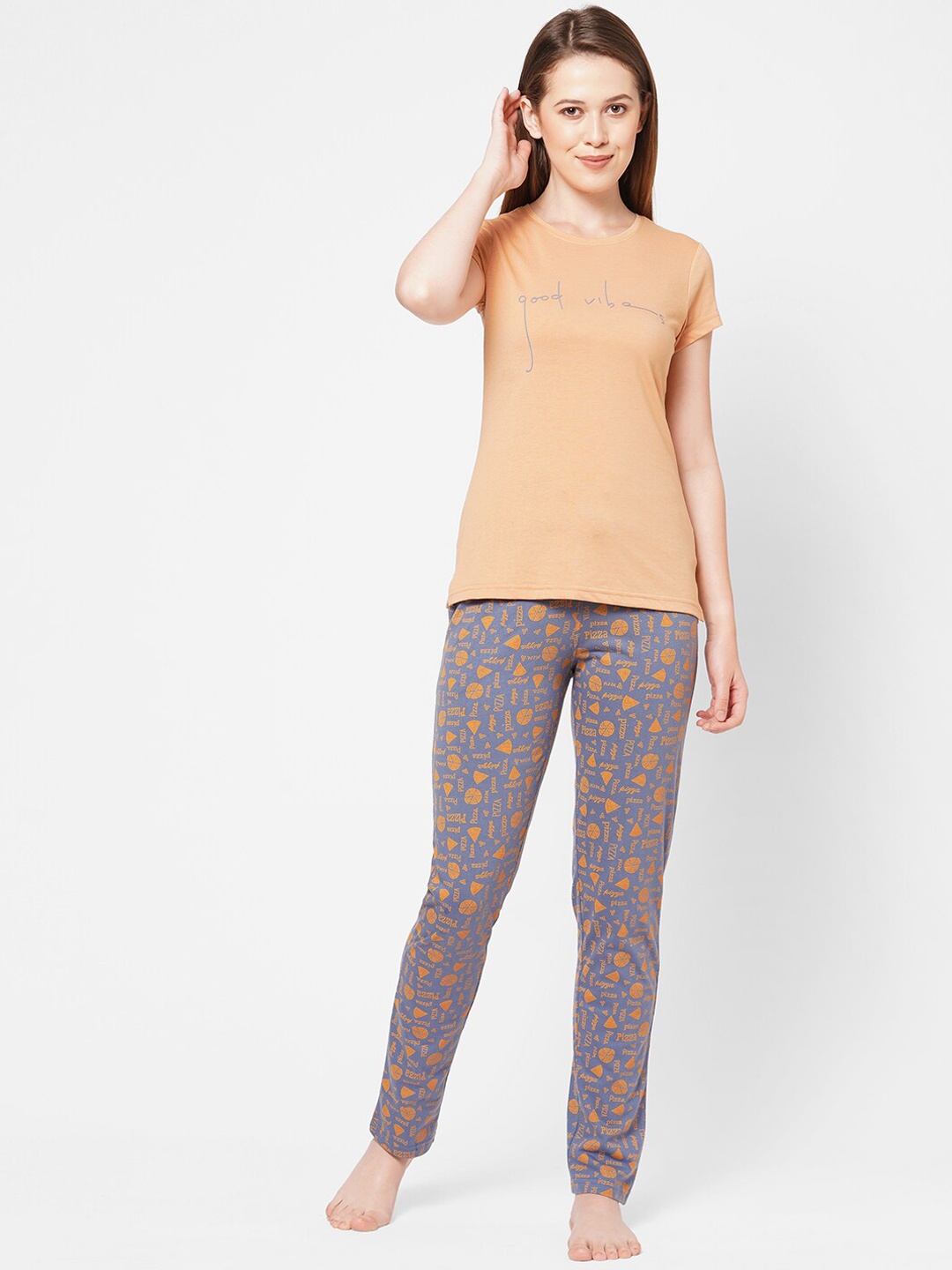 

Sweet Dreams Women Peach-Coloured & Grey Printed Night Suit