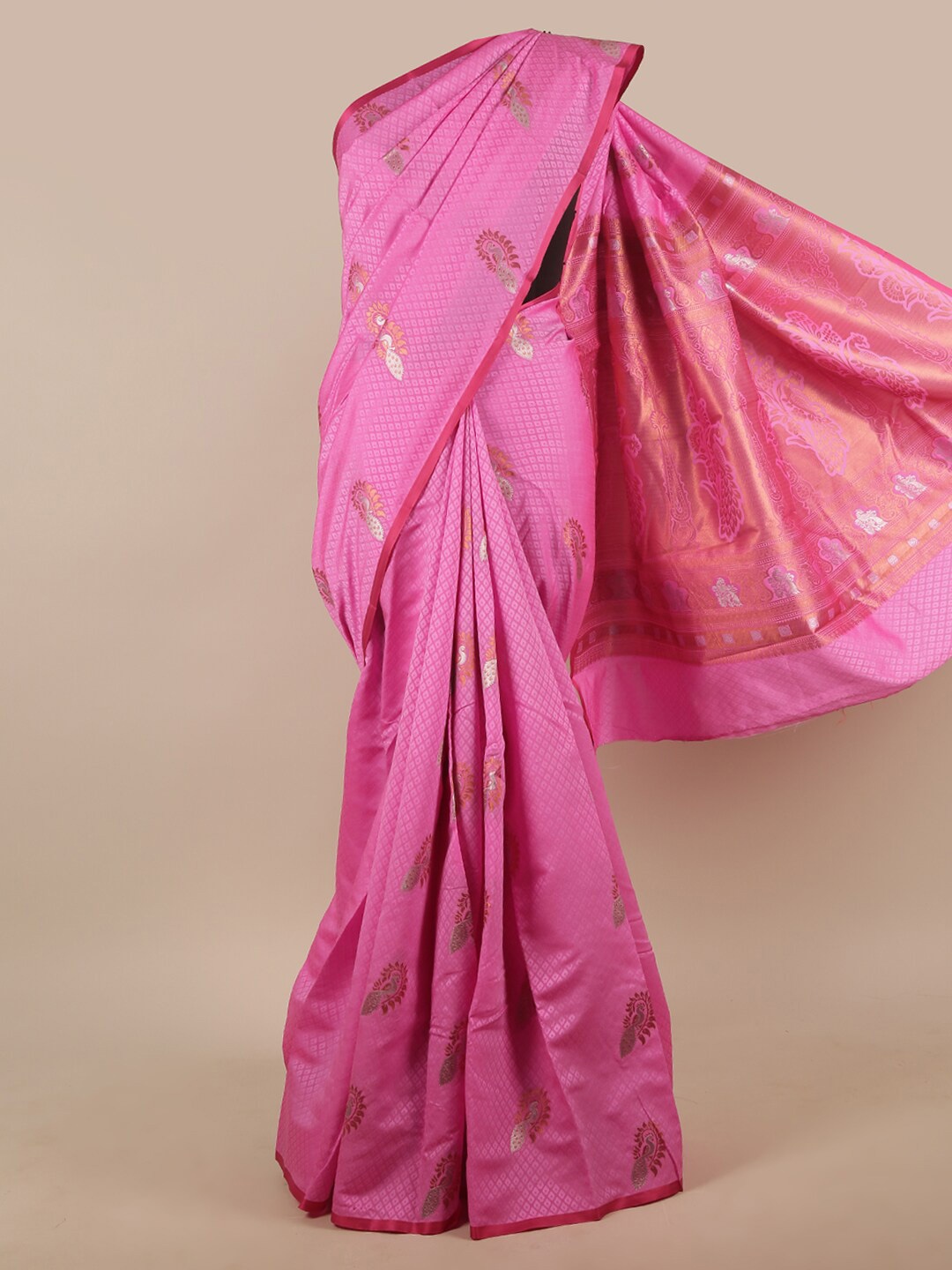 

Pothys Pink & Gold-Toned Ethnic Motifs Zari Art Silk Saree