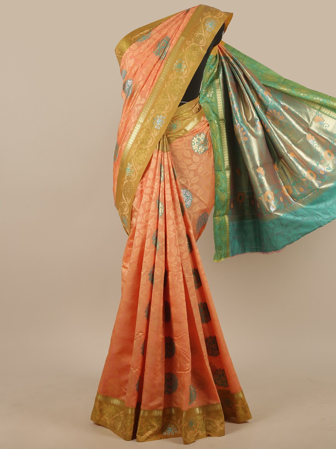 

Pothys Peach-Coloured & Blue Woven Design Zari Art Silk Saree