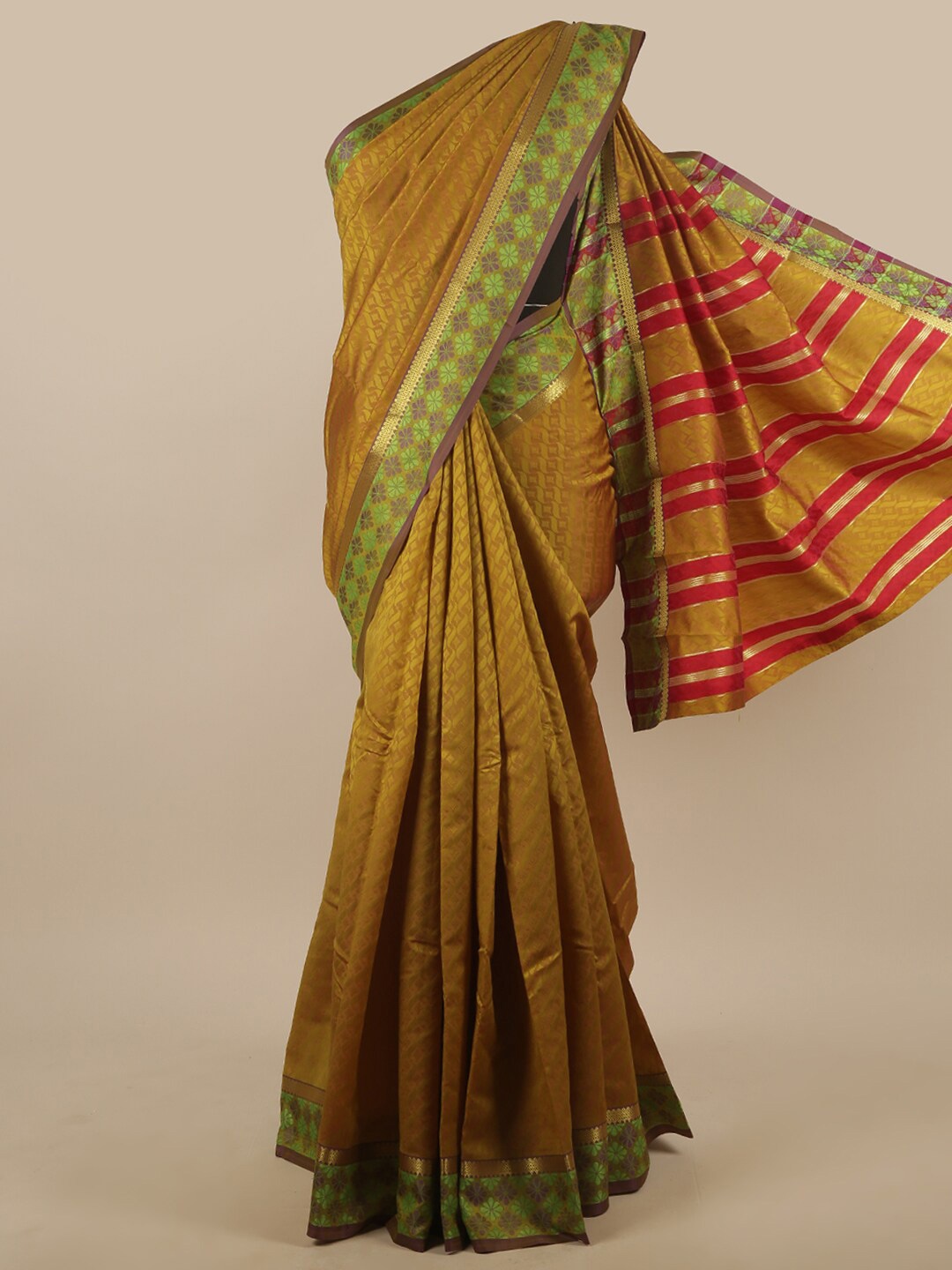 

Pothys Mustard & Red Woven Design Ethnic Motifs Art Silk Saree