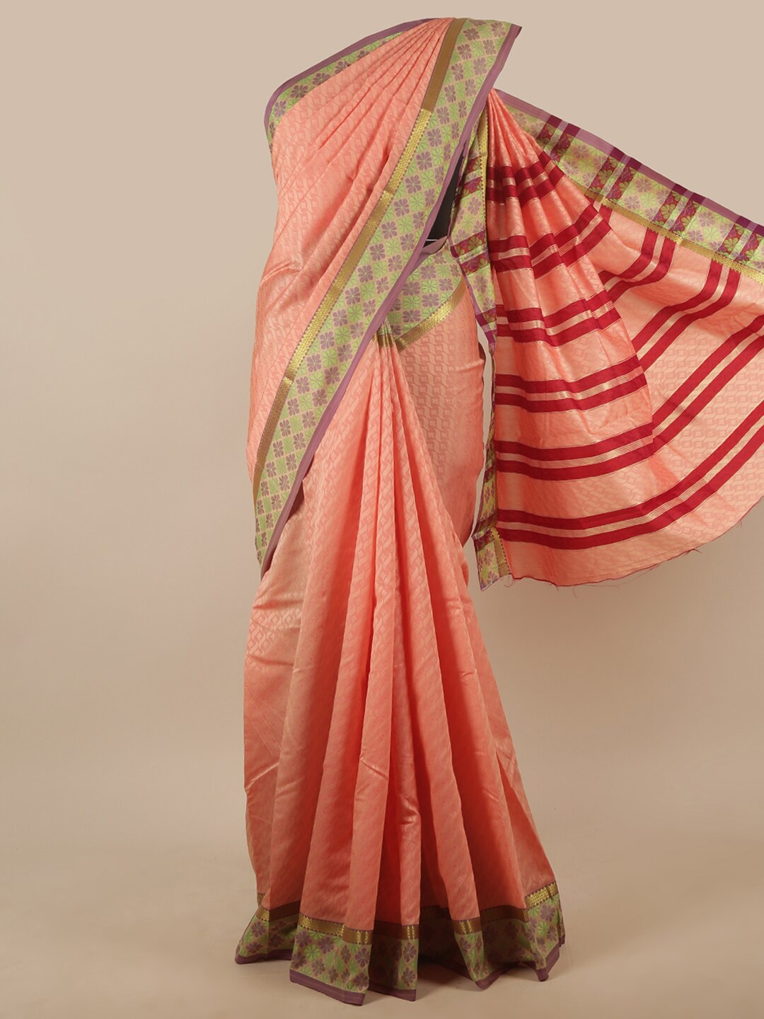 

Pothys Peach-Coloured & Red Zari Art Silk Saree