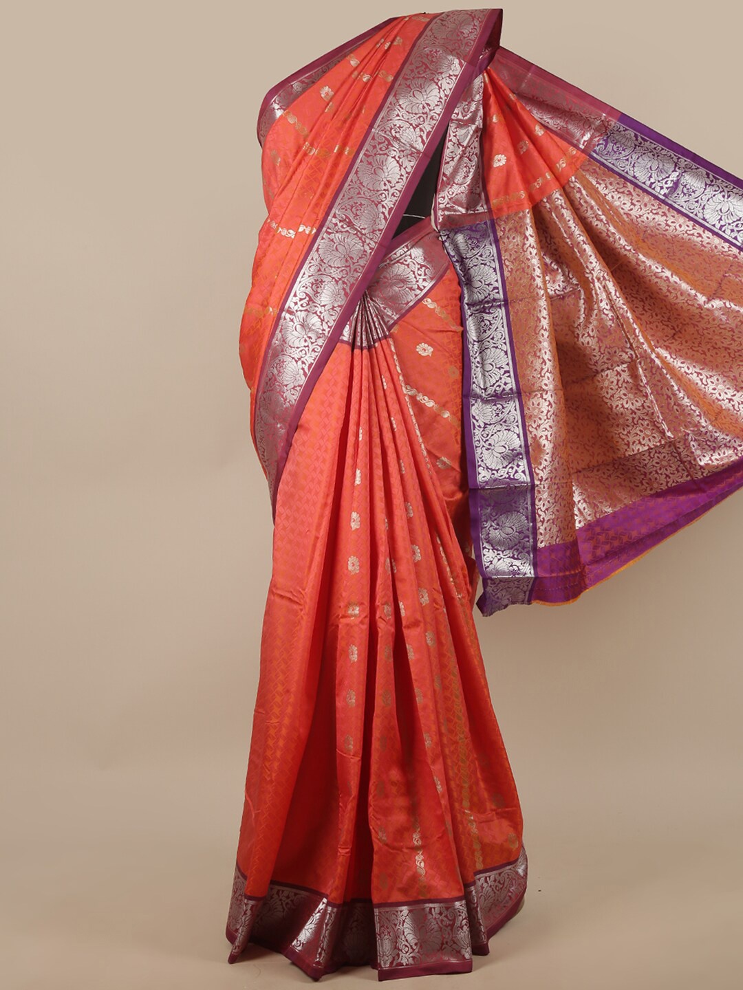 

Pothys Coral & Silver-Toned Ethnic Motifs Zari Art Silk Saree