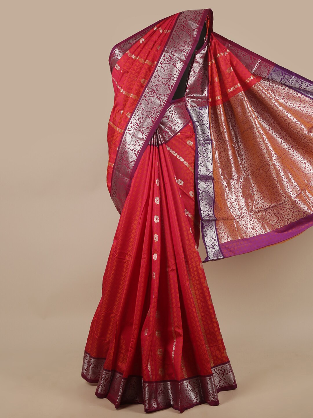 

Pothys Fuchsia & Silver-Toned Ethnic Motifs Zari Art Silk Saree