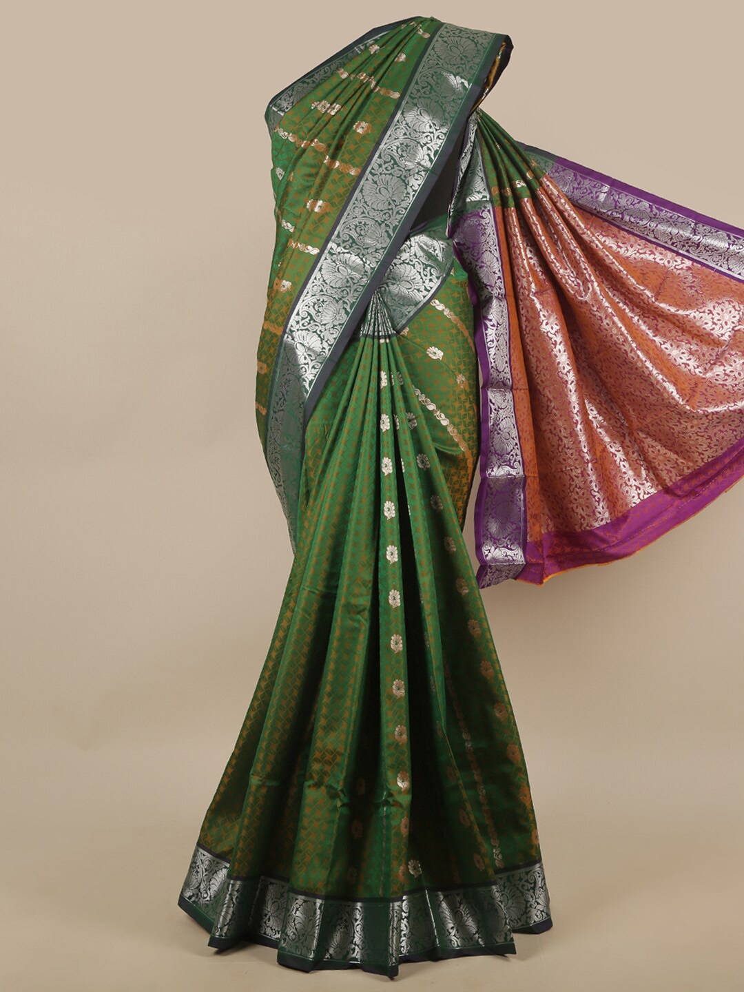 

Pothys Green & Silver-Toned Ethnic Motifs Zari Art Silk Saree